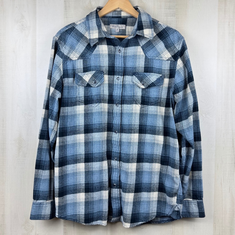 Blue Ranchwear Men’s Finney Blue Plaid Flannel Western Shirt Pearl Snaps Medium